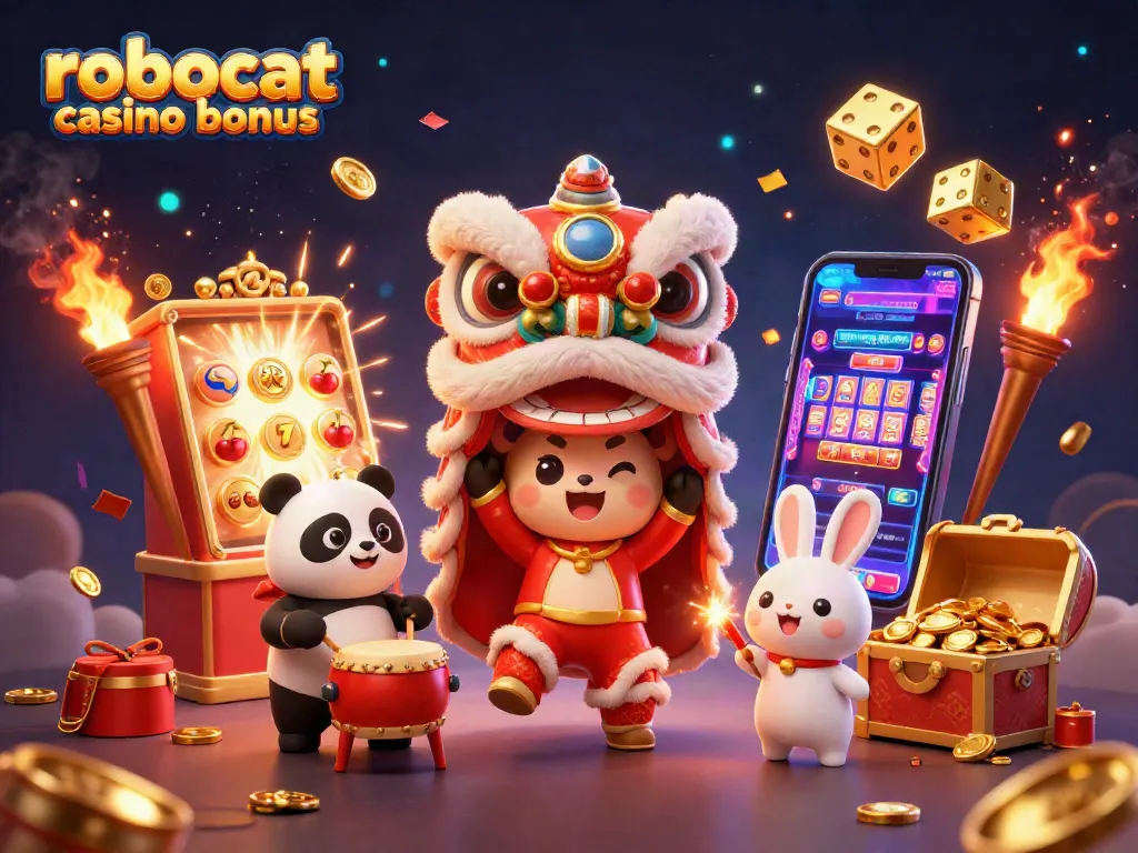 Engage with the robocat casino bonus scene of lively characters and dynamic game elements showcasing the vibrant casino atmosphere.