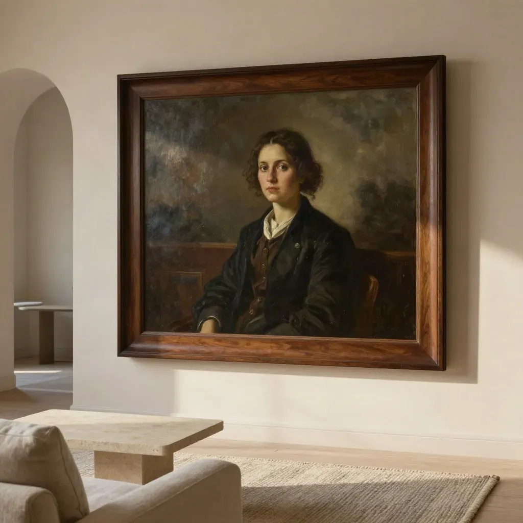 Salón elegante con cuadro al óleo en marco nogal, luz cálida sobre pared crema.