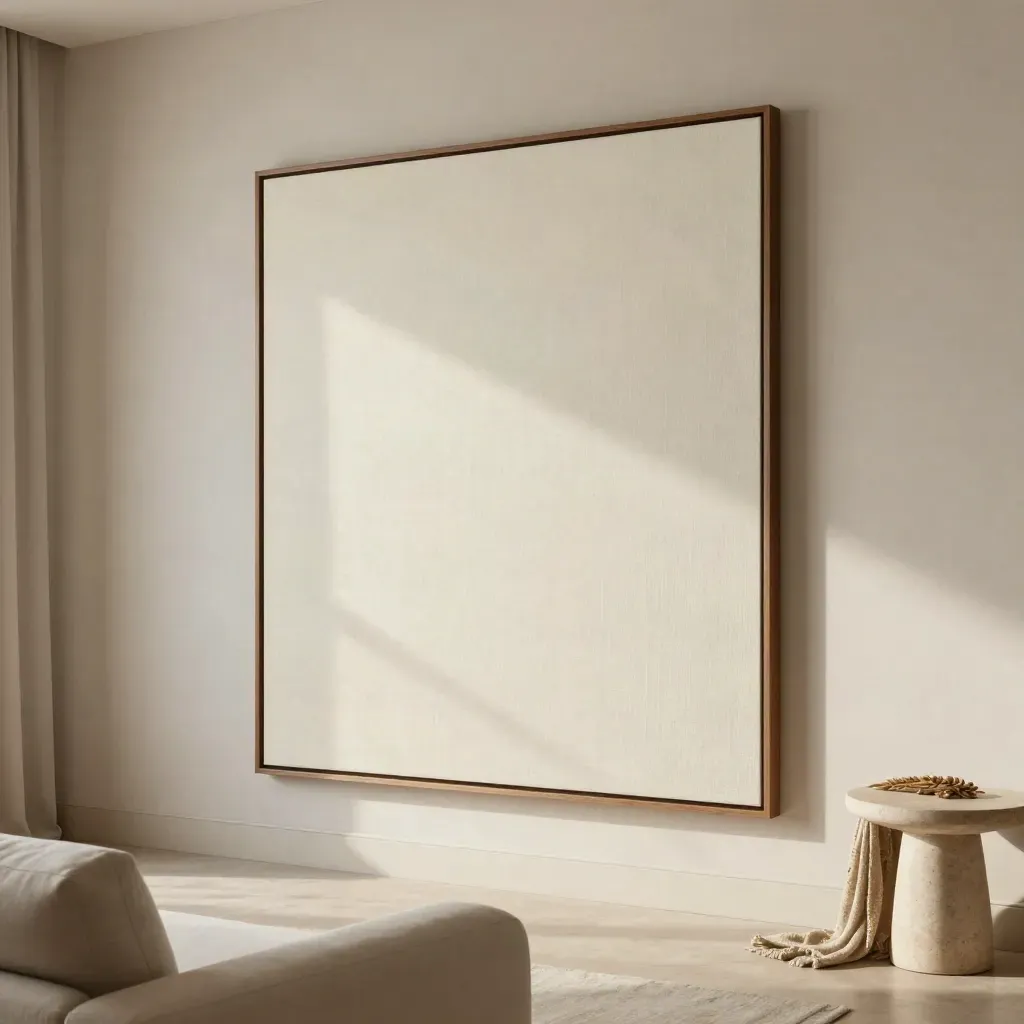 Lienzo grande enmarcado flotante en salón luminoso con sofá neutro y zócalos altos.