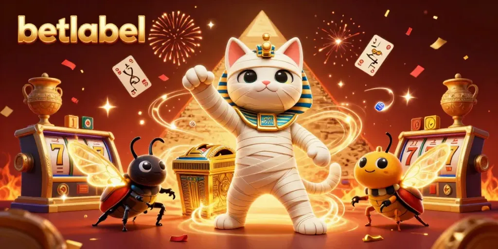 Betlabel engages players with a lively 3D illustration of a casino scene featuring a mummy cat and unique Egyptian elements.